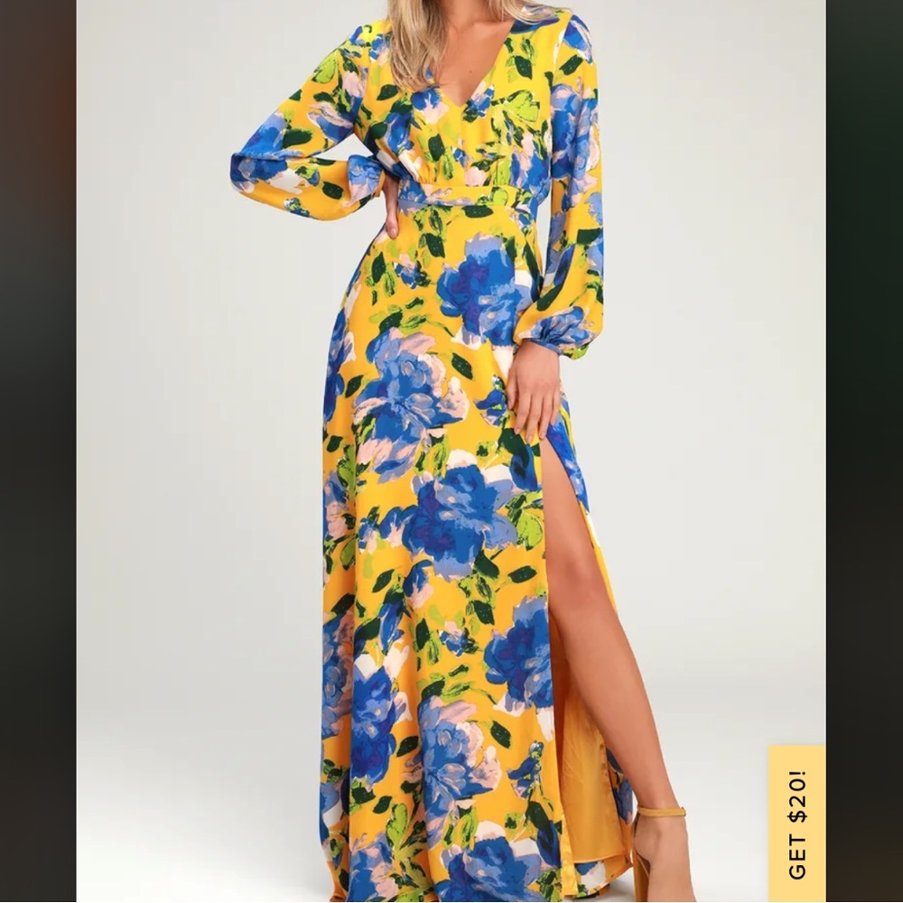 NWT Lulus Carolita Yellow Floral Long Sleeve Maxi Dress